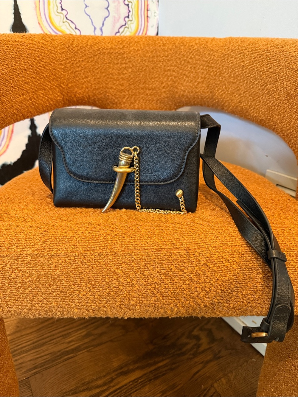 Black Leather Crossbody with Gold Horn Accent